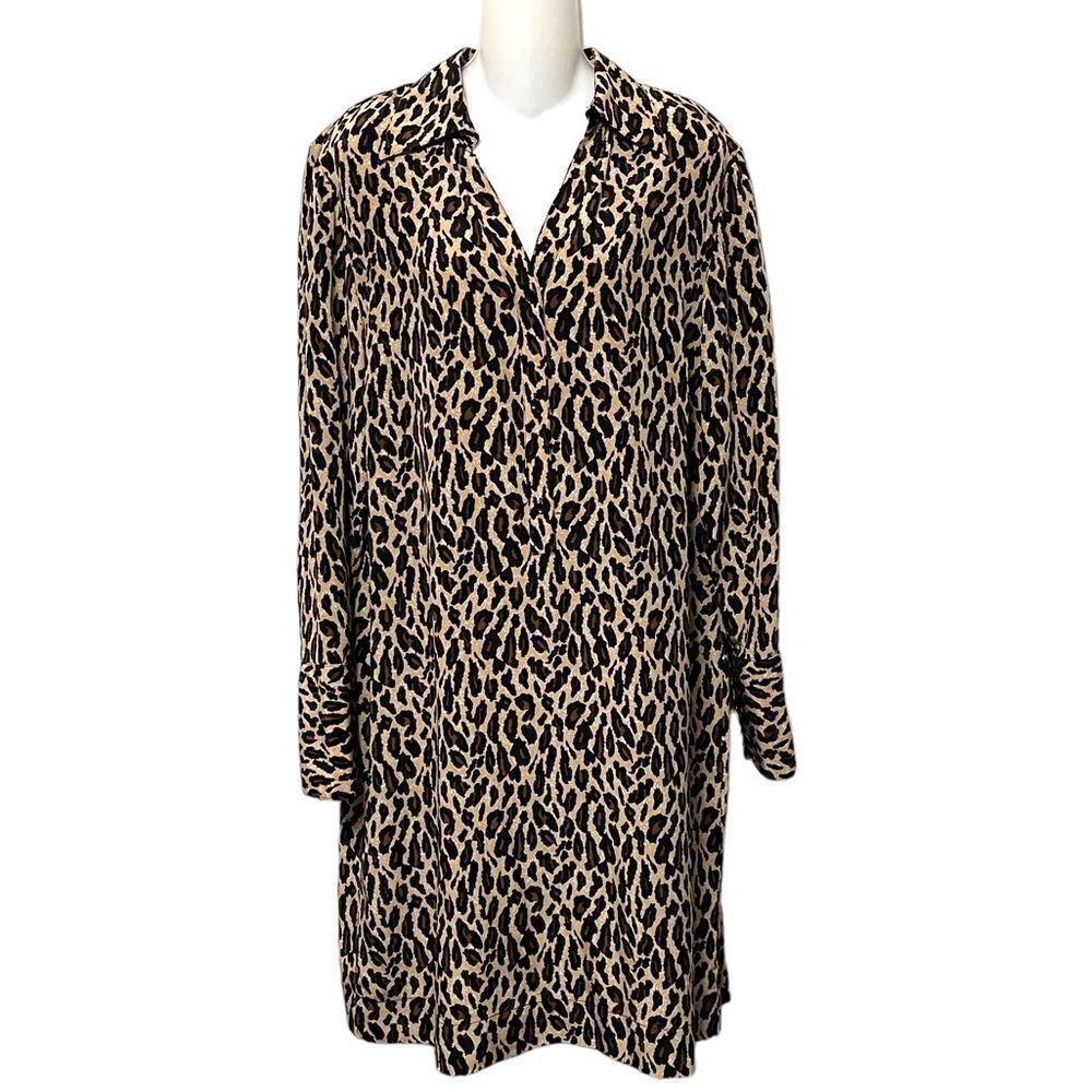 NINE WEST 100% Silk Animal Print Popover Shirt Dress 14